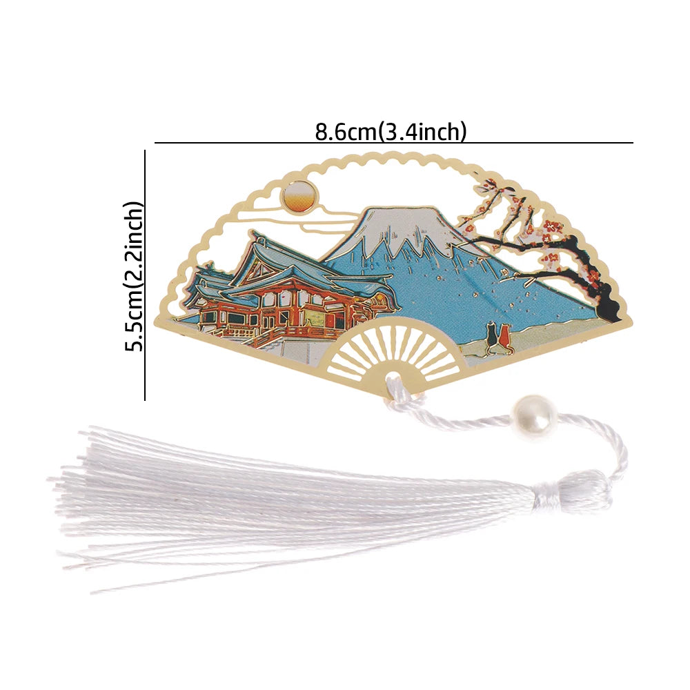 Chinese Retro Style Folding Fan Brass Bookmark Tasseled Hollow Out Book Clip Pagination Mark Stationery School Office Supply
