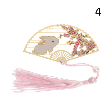 Chinese Retro Style Folding Fan Brass Bookmark Tasseled Hollow Out Book Clip Pagination Mark Stationery School Office Supply