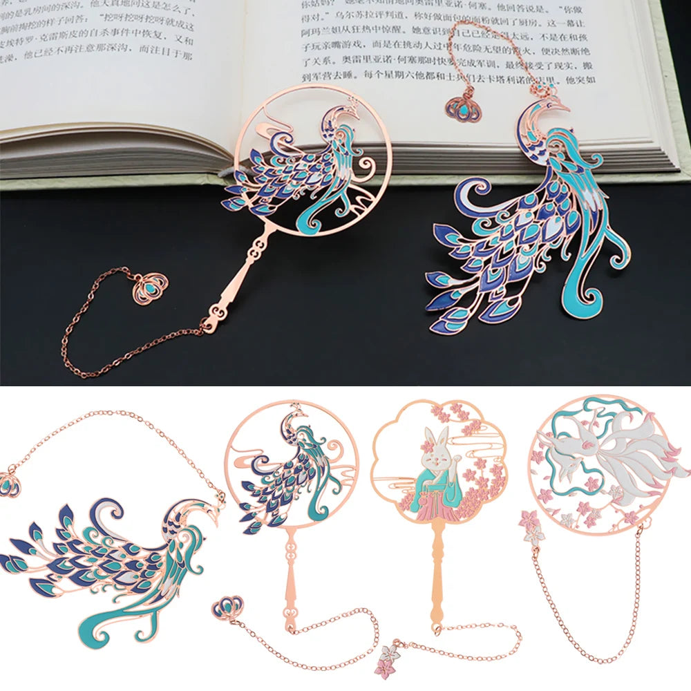 Chinese Retro Style Folding Fan Brass Bookmark Tasseled Hollow Out Book Clip Pagination Mark Stationery School Office Supply
