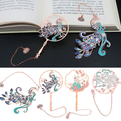 Chinese Retro Style Folding Fan Brass Bookmark Tasseled Hollow Out Book Clip Pagination Mark Stationery School Office Supply