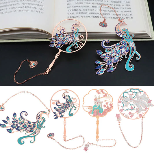 Chinese Retro Style Folding Fan Brass Bookmark Tasseled Hollow Out Book Clip Pagination Mark Stationery School Office Supply