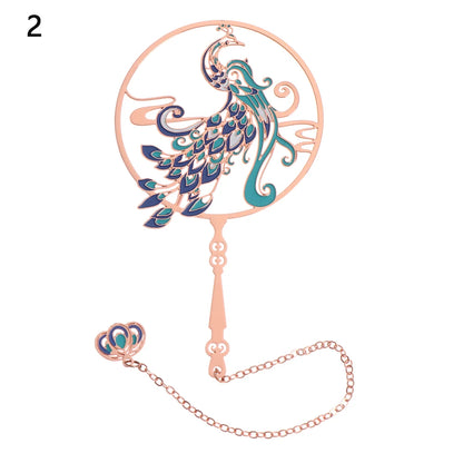 Chinese Retro Style Folding Fan Brass Bookmark Tasseled Hollow Out Book Clip Pagination Mark Stationery School Office Supply