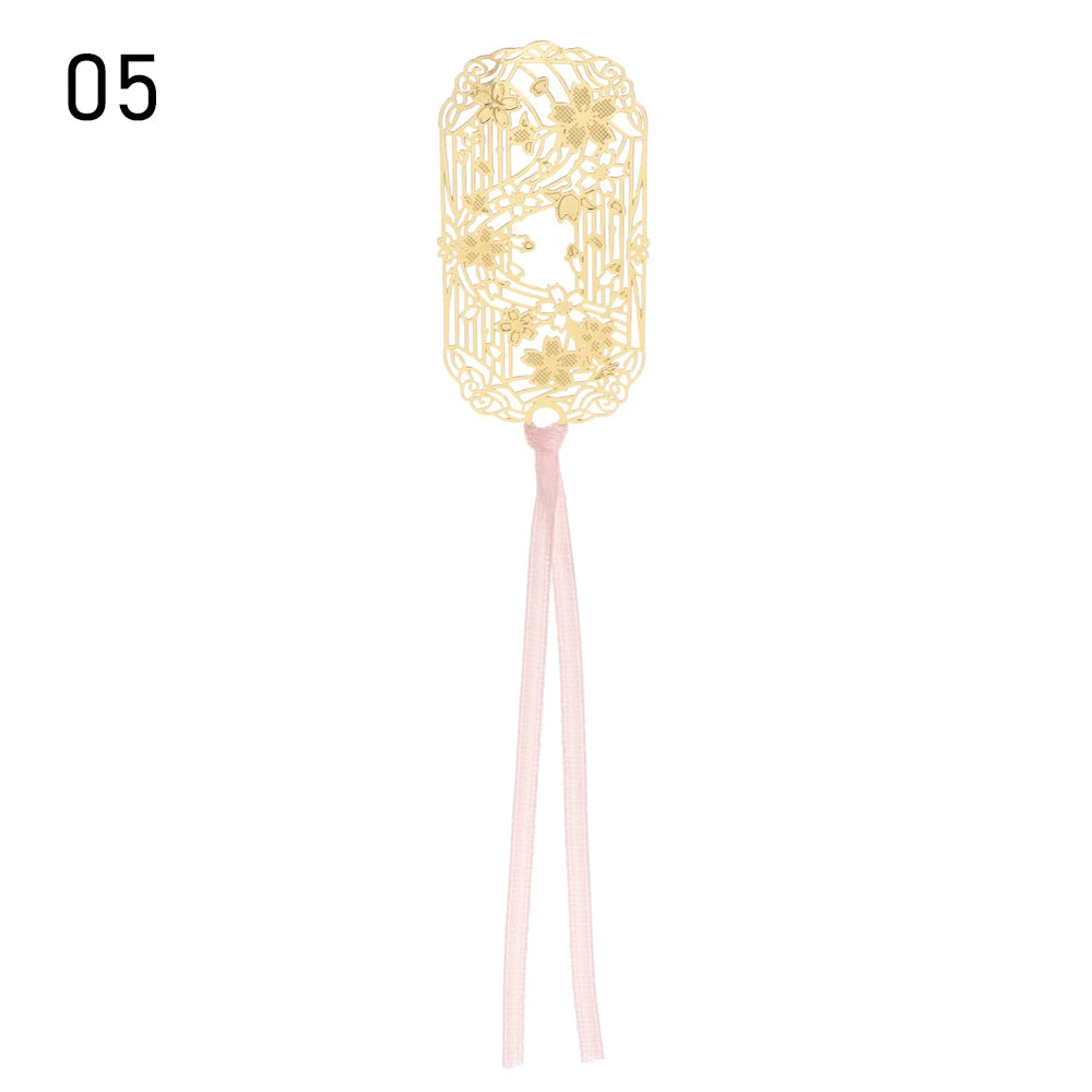 Chinese Retro Style Folding Fan Brass Bookmark Tasseled Hollow Out Book Clip Pagination Mark Stationery School Office Supply