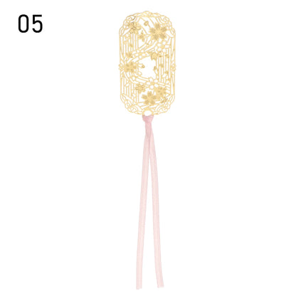 Chinese Retro Style Folding Fan Brass Bookmark Tasseled Hollow Out Book Clip Pagination Mark Stationery School Office Supply