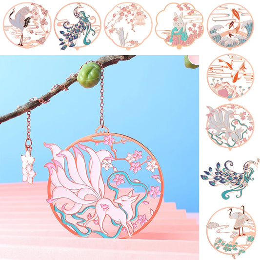Chinese Retro Style Folding Fan Brass Bookmark Tasseled Hollow Out Book Clip Pagination Mark Stationery School Office Supply