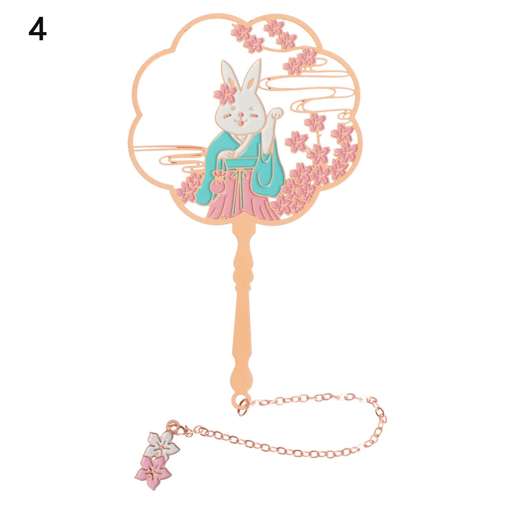 Chinese Retro Style Folding Fan Brass Bookmark Tasseled Hollow Out Book Clip Pagination Mark Stationery School Office Supply