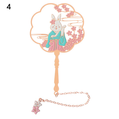 Chinese Retro Style Folding Fan Brass Bookmark Tasseled Hollow Out Book Clip Pagination Mark Stationery School Office Supply