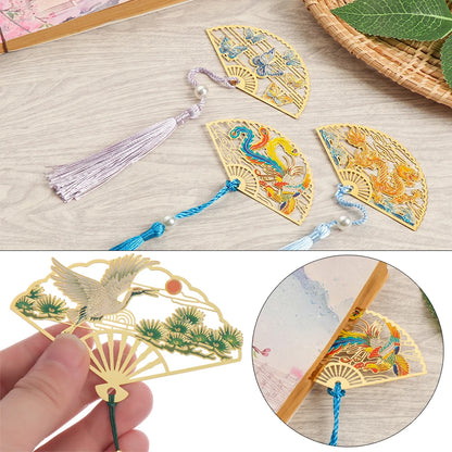 Chinese Retro Style Folding Fan Brass Bookmark Tasseled Hollow Out Book Clip Pagination Mark Stationery School Office Supply