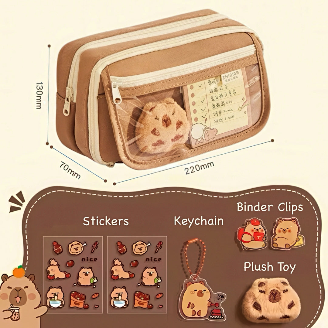 Large Capacity Pencil Case with Capybara Themed Accessories