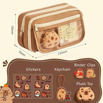 Large Capacity Pencil Case with Capybara Themed Accessories