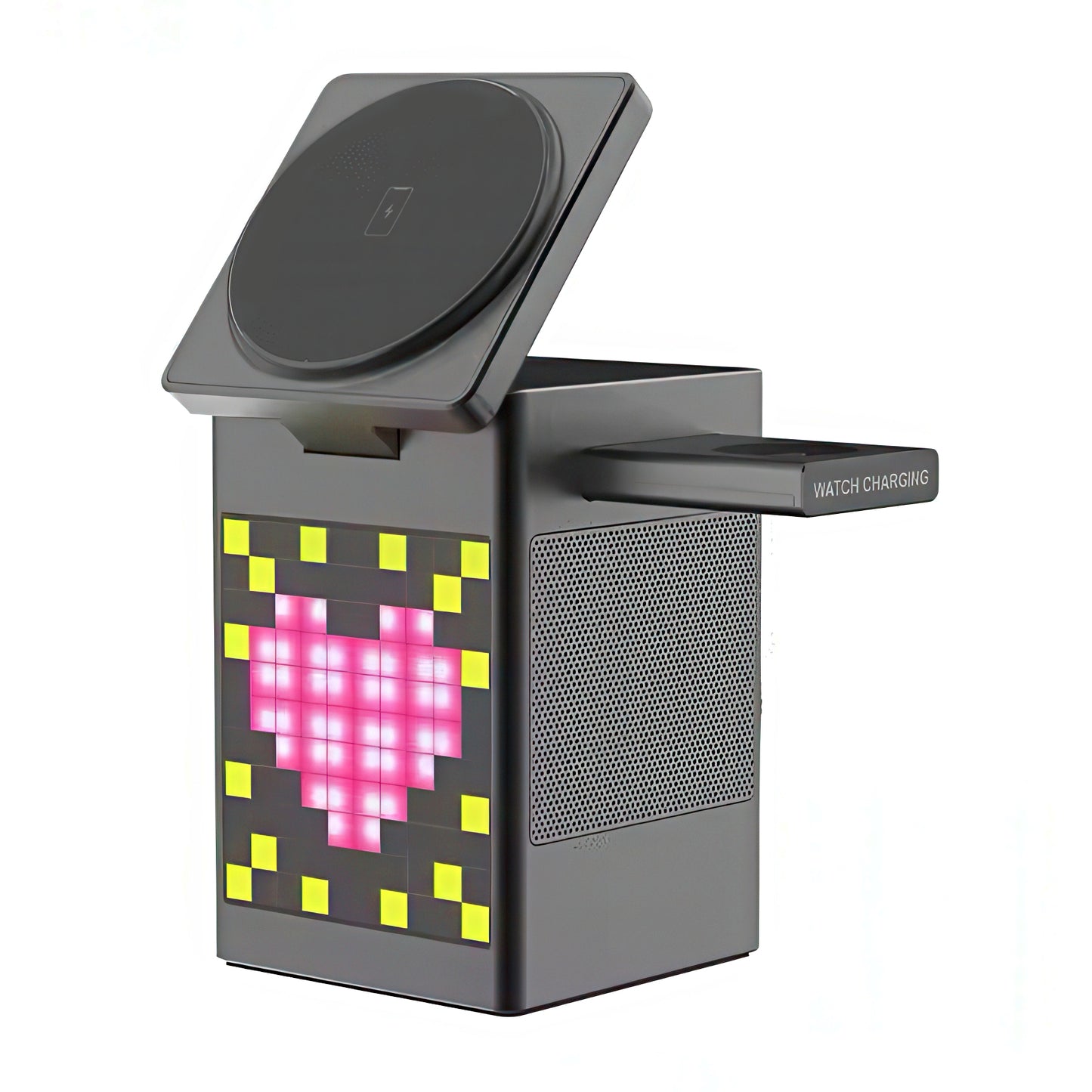Pixelated heart design on a charging device with wireless charging pad