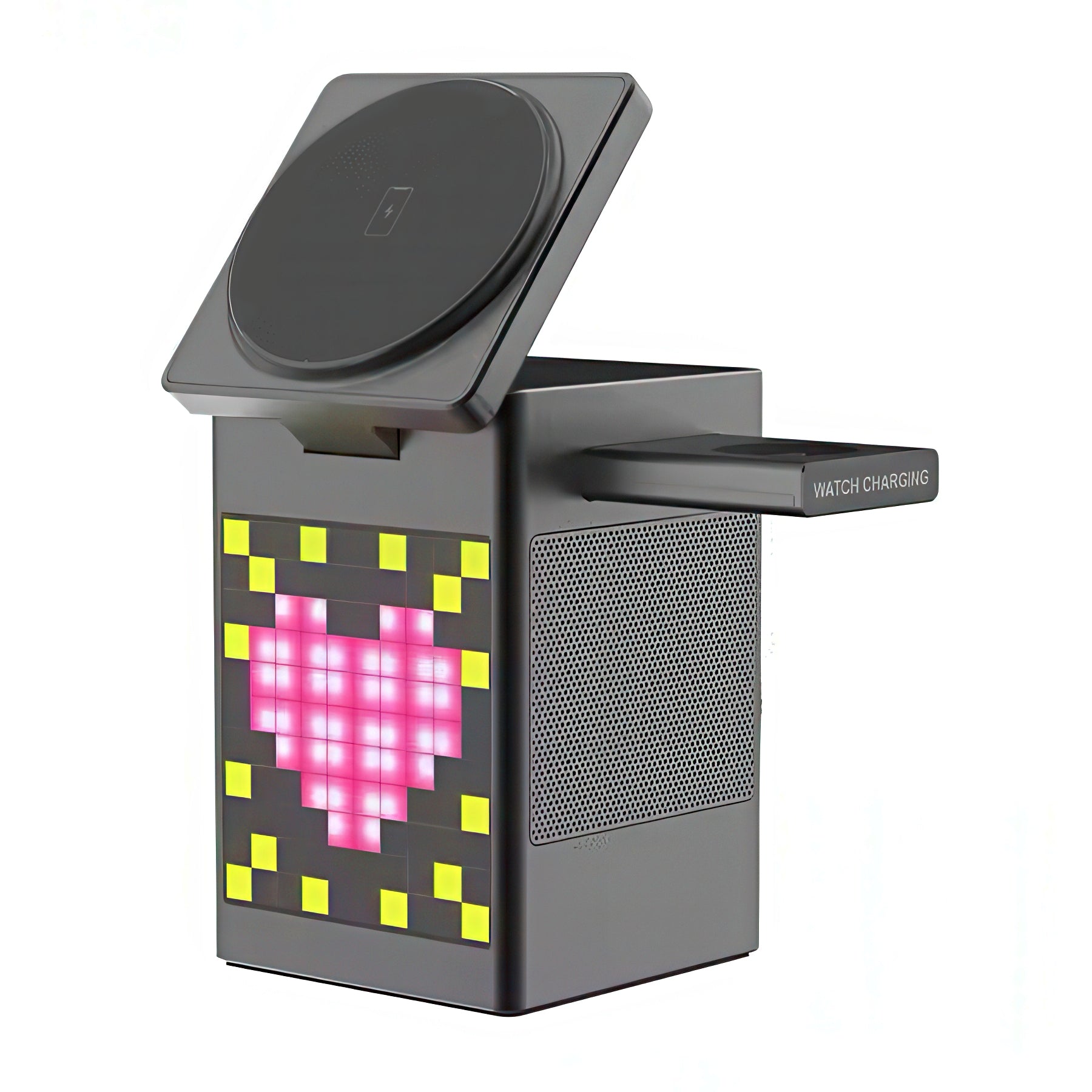 Pixelated heart design on a charging device with wireless charging pad