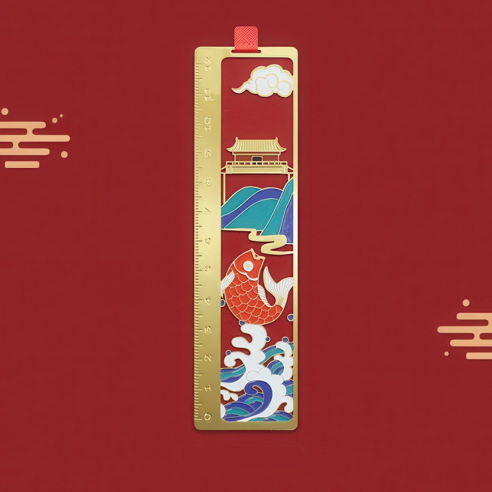 Decorative bookmark with traditional Chinese design on a red background