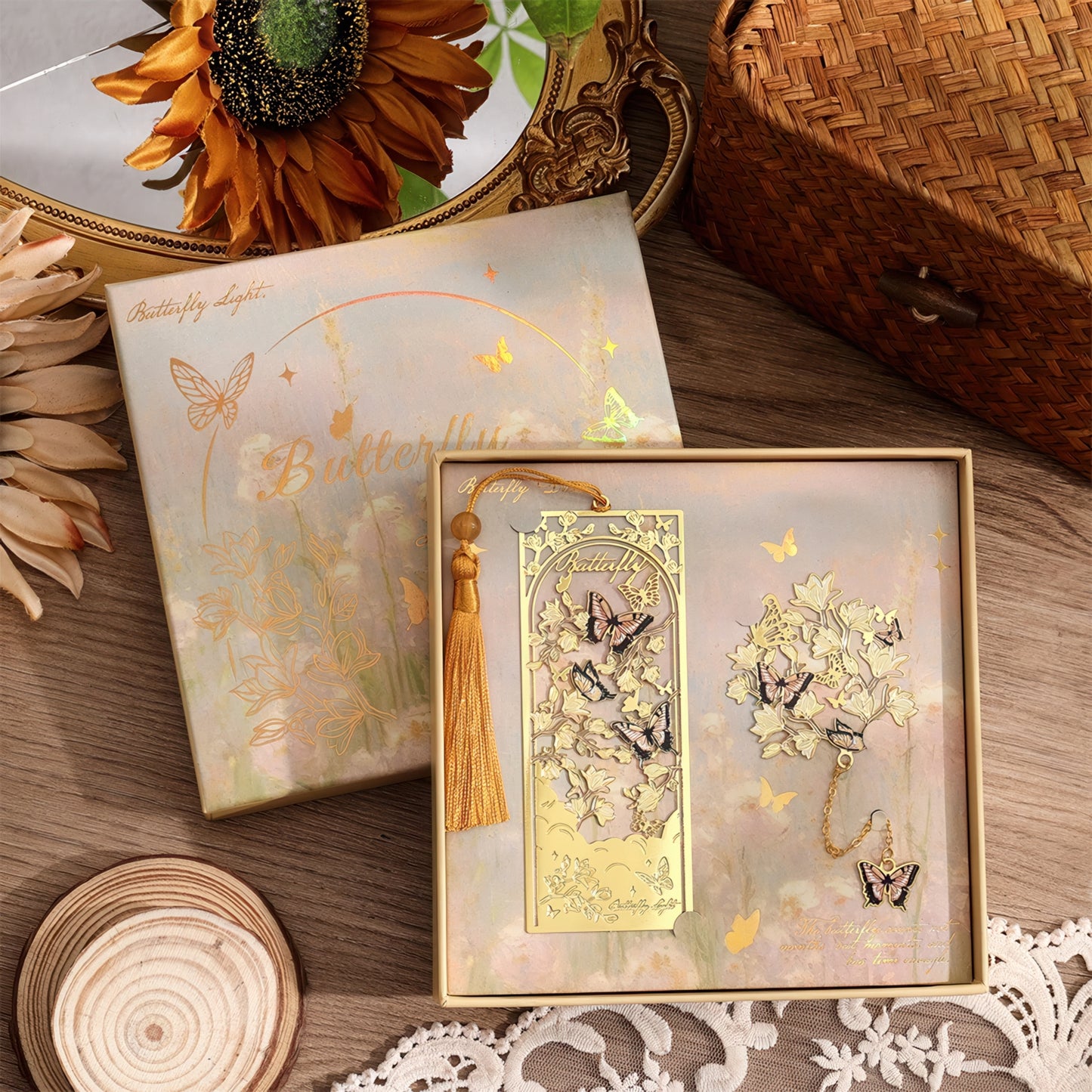 Dreamy Butterflies with Flowers Metal Bookmark