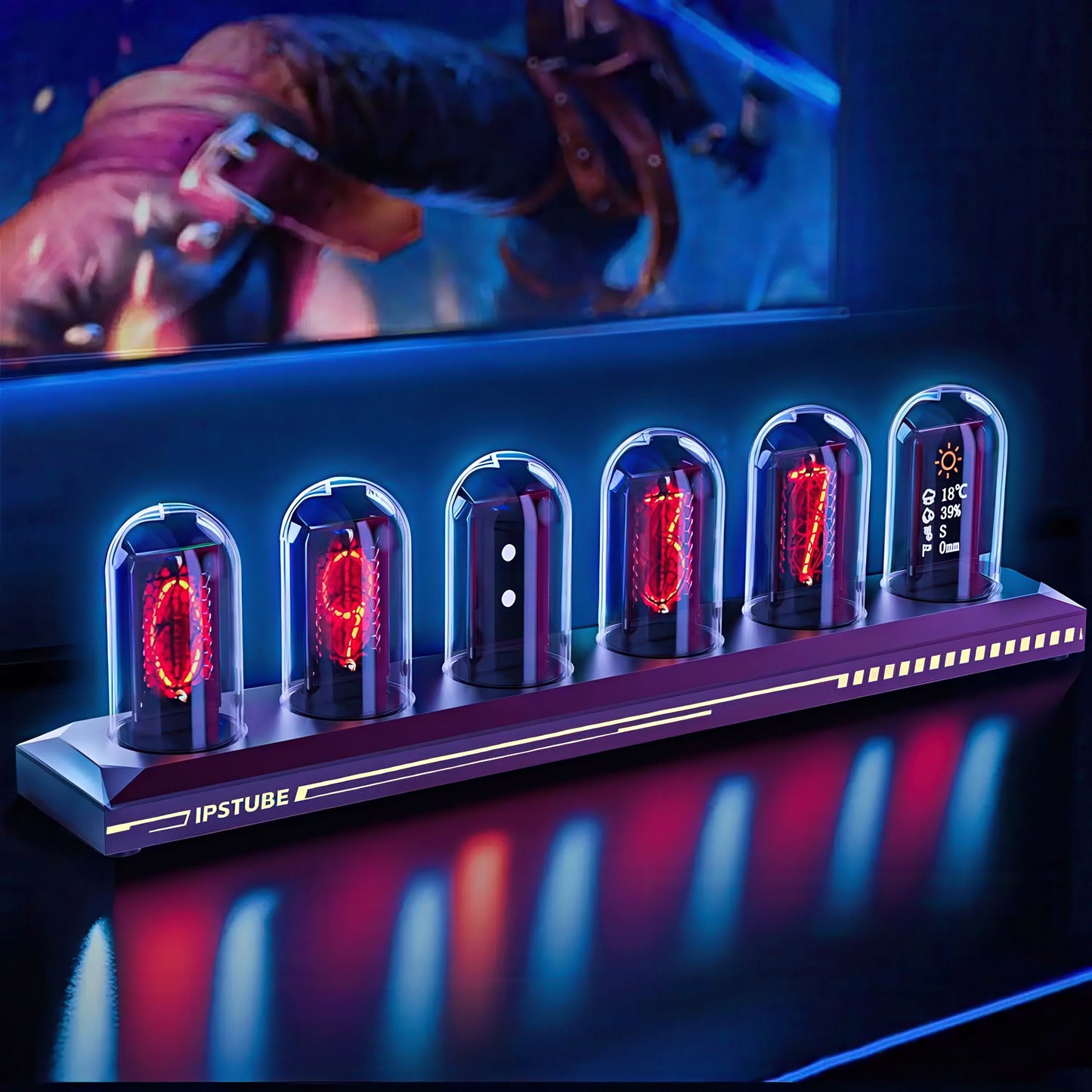 Nixie clock with digital display on a stand, illuminated by blue and red lights.