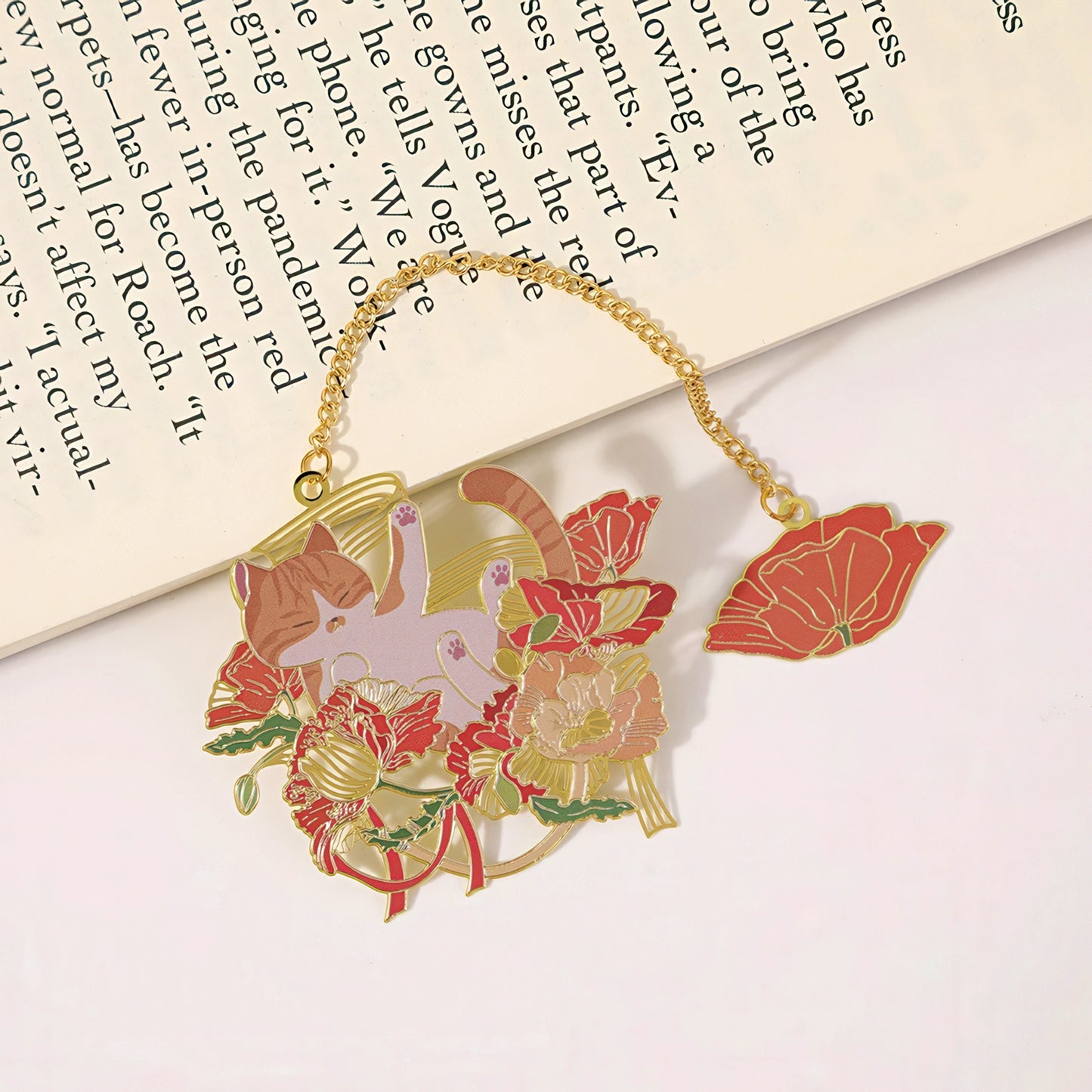 Cat with Flowers Metal Bookmark