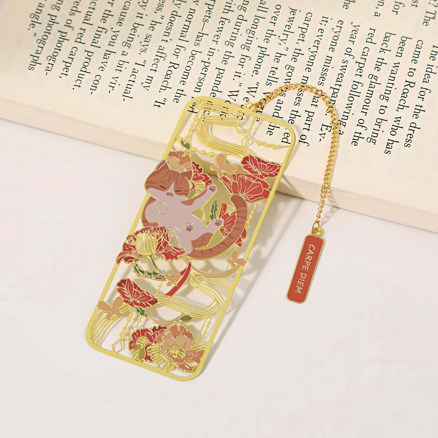 Cat and Flowers Themed Metal Bookmark