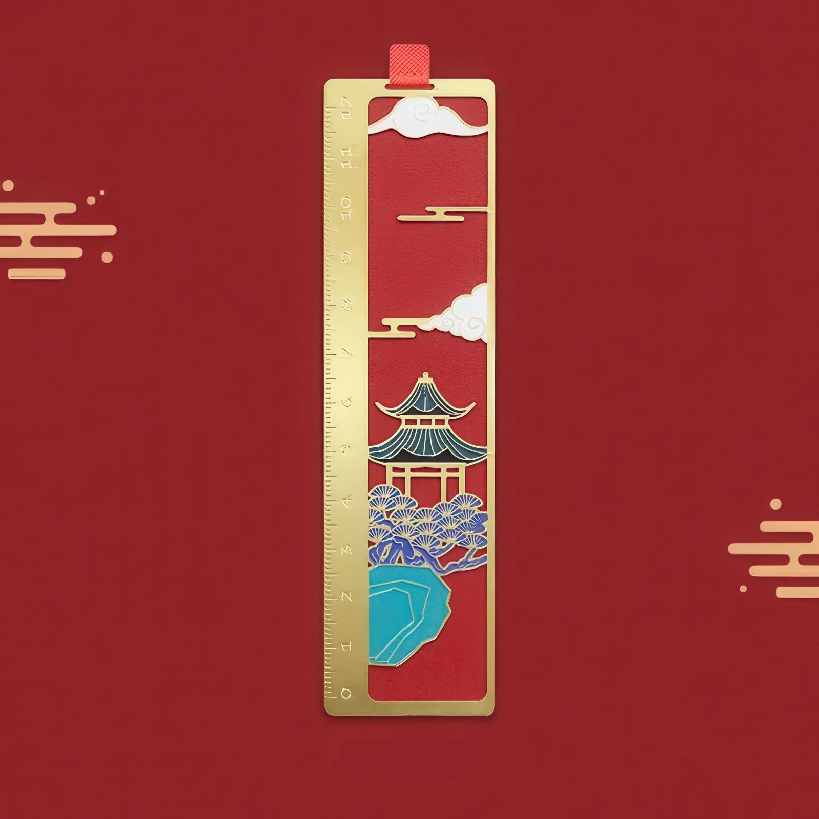 Decorative bookmark with traditional design on a red background