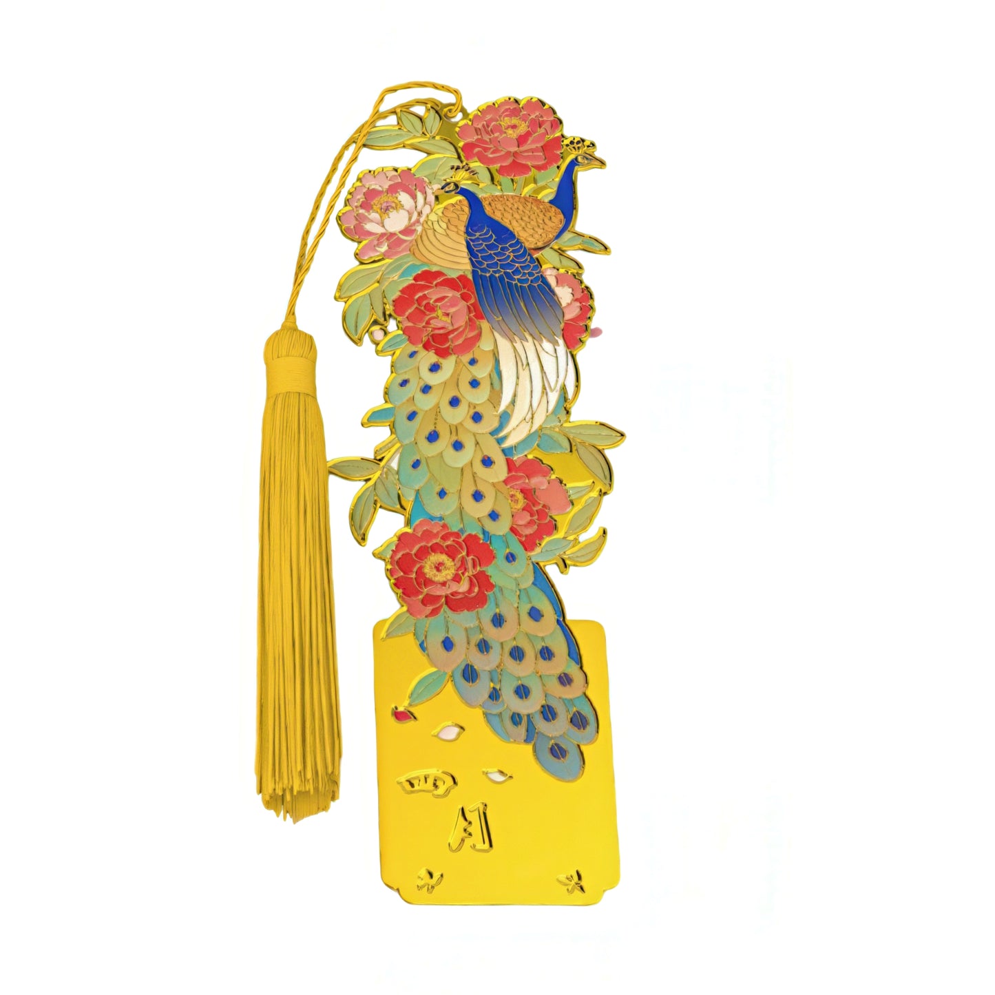 Decorative bookmark with peacock design and tassel on a white background