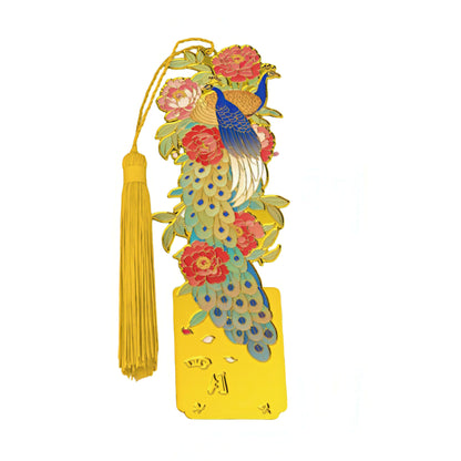 Decorative bookmark with peacock design and tassel on a white background
