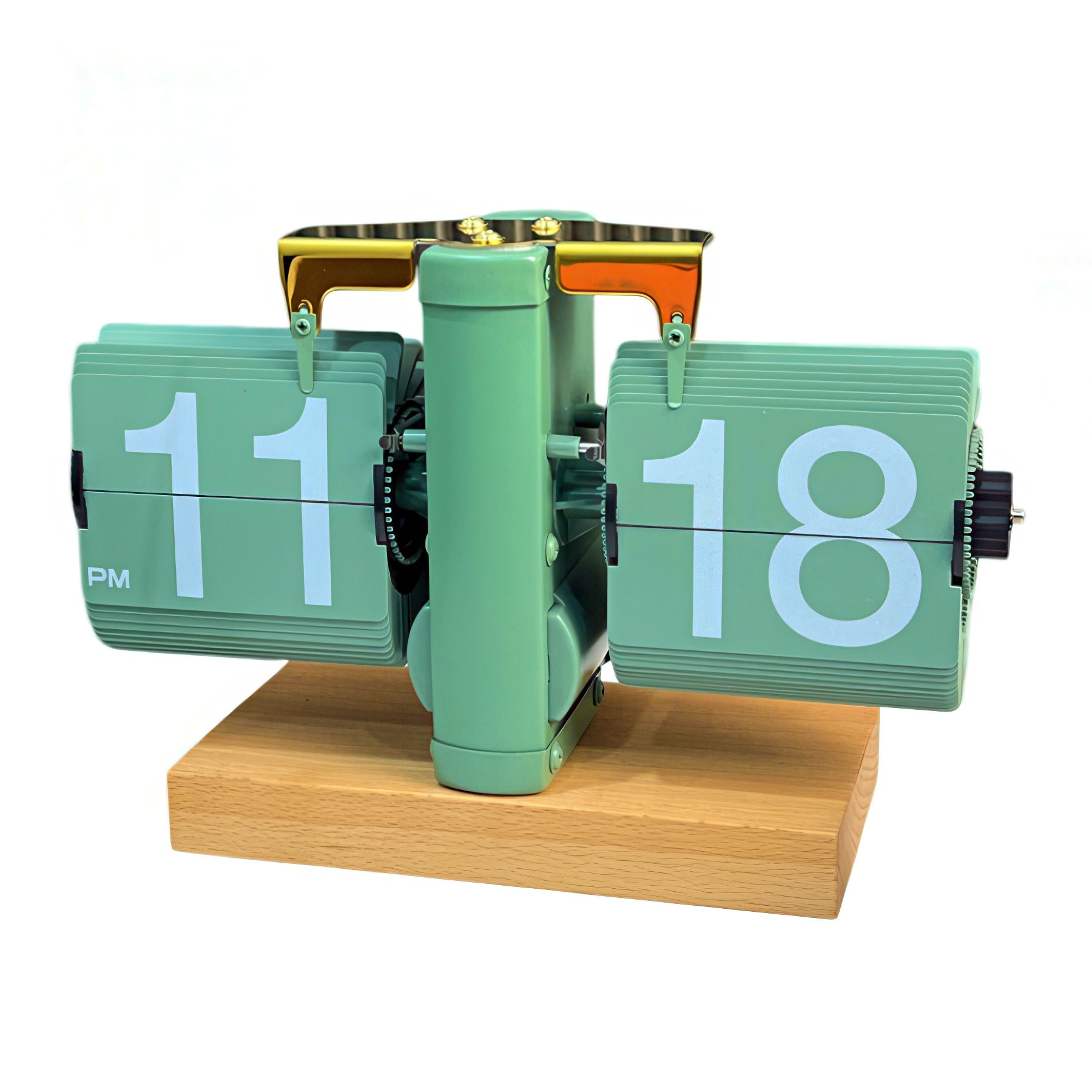Green flip clock with wooden base on a white background