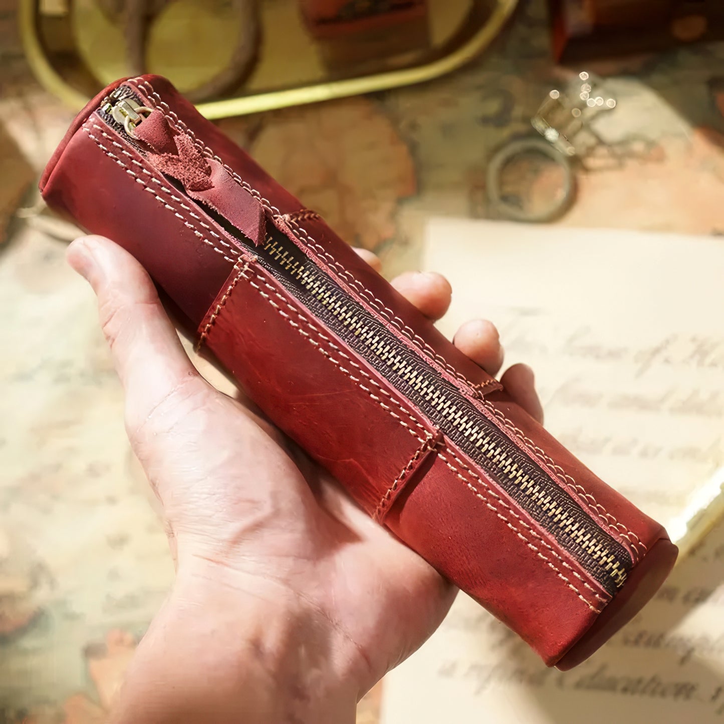 Dyed Cowhide Zipper Pencil Case