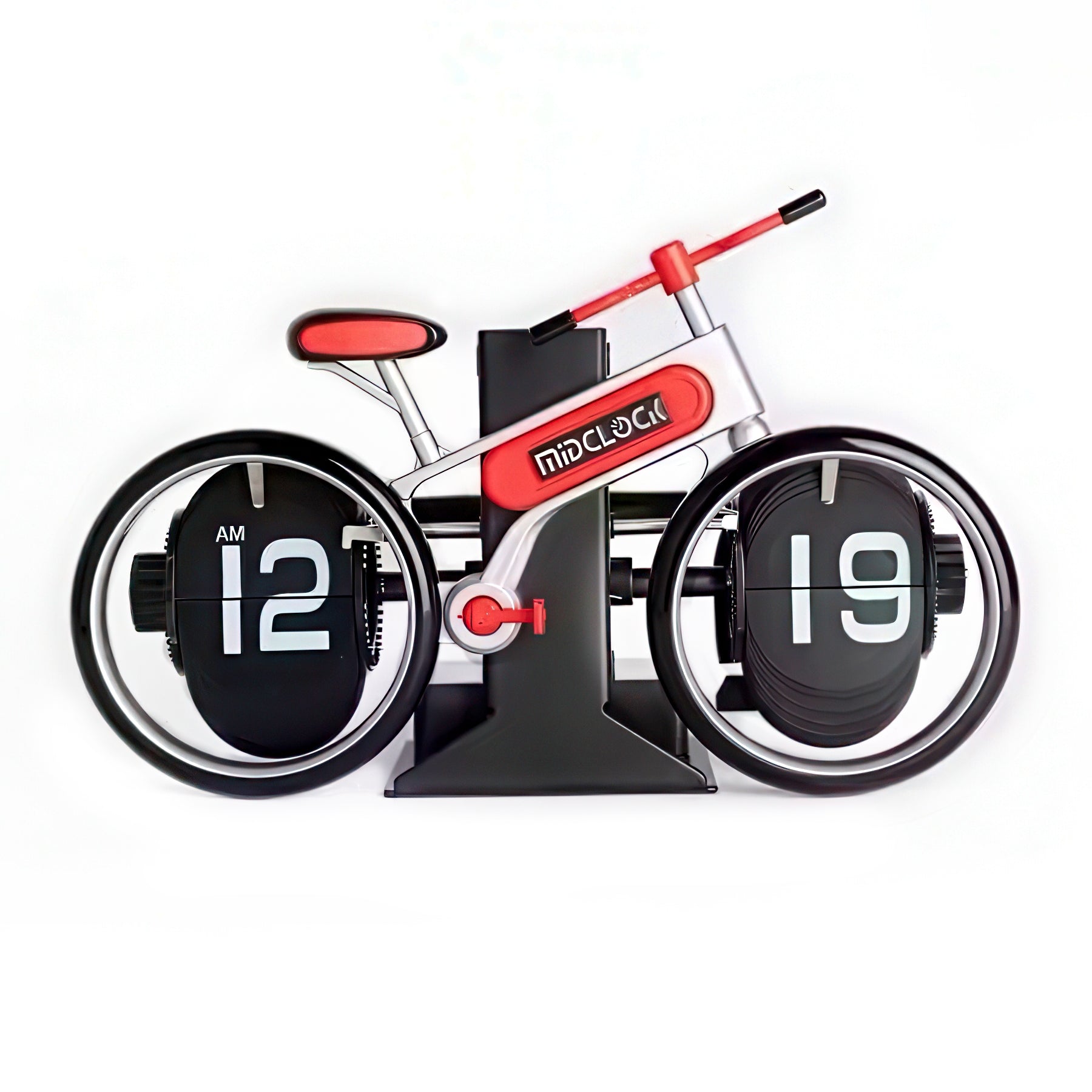Bicycle-shaped clock with red accents on a white background