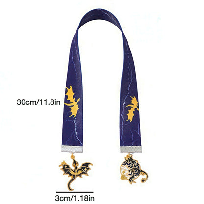 Strap Bookmark with Dragon Themed Metal Charms