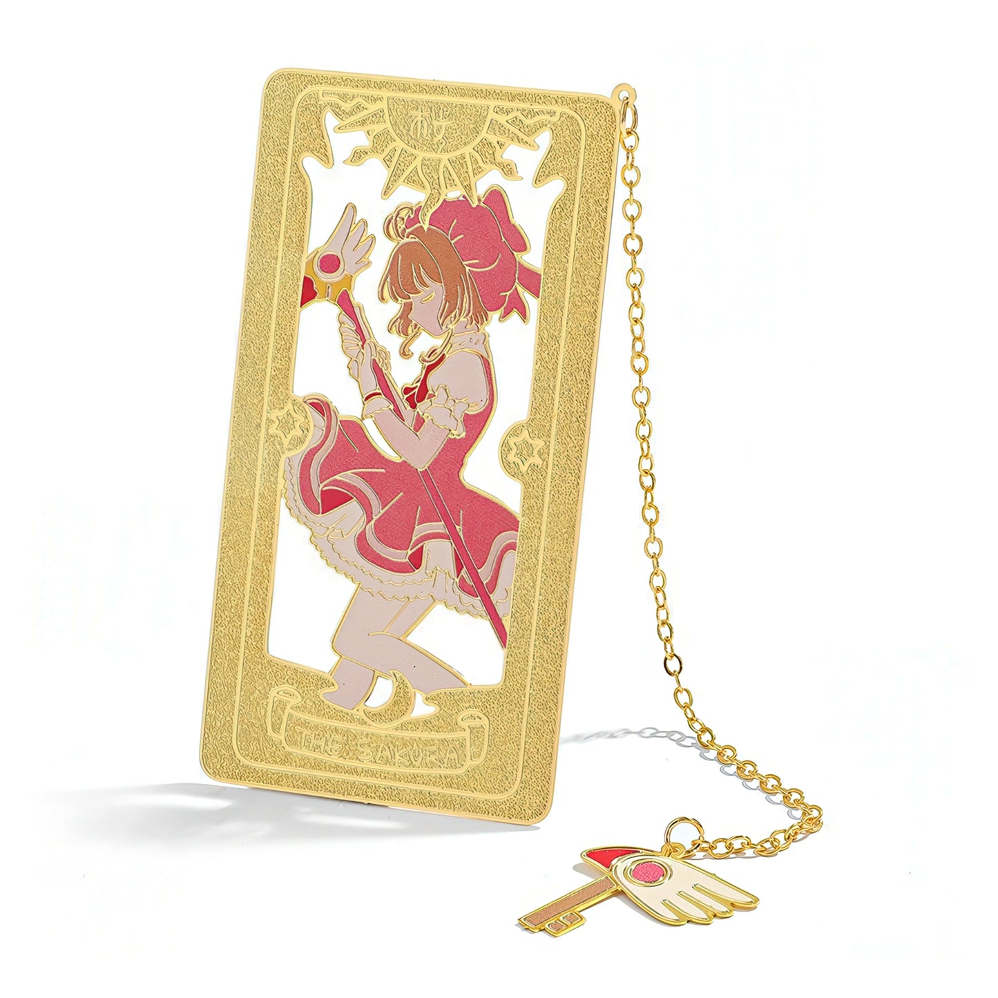 Gold metal bookmark with an anime character design on a white background