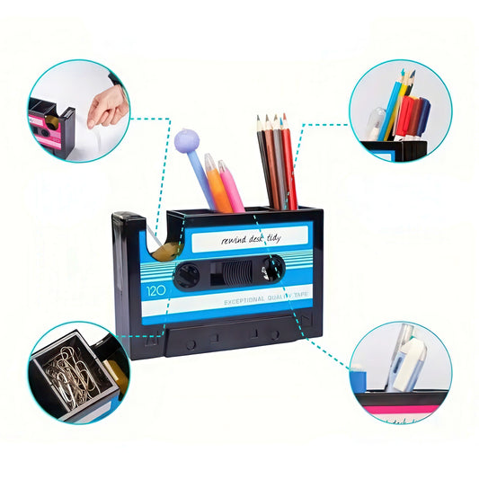 Retro Cassette Shaped Pen Holder with Tape Dispenser