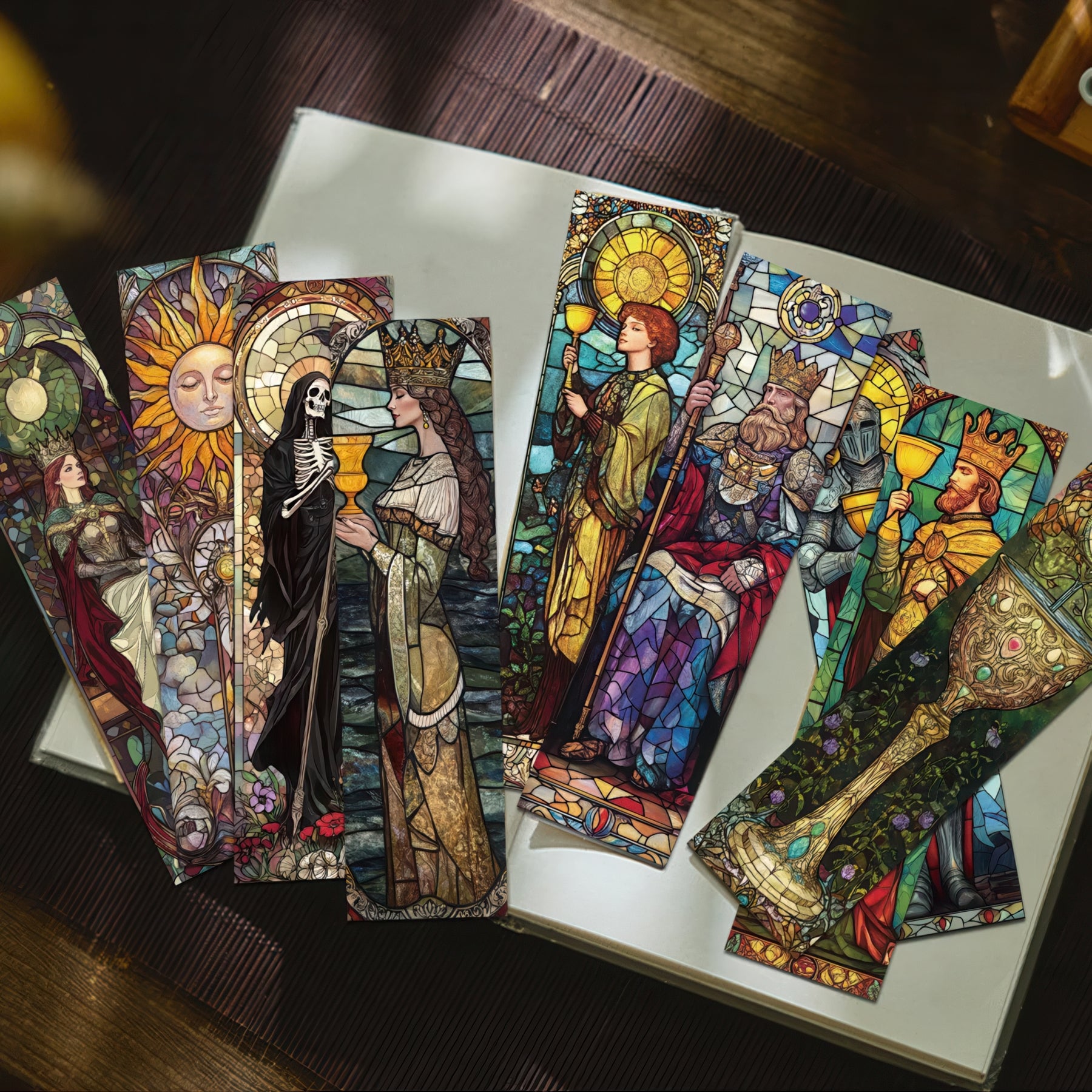 Colorful tarot bookmarks with intricate designs on a wooden surface