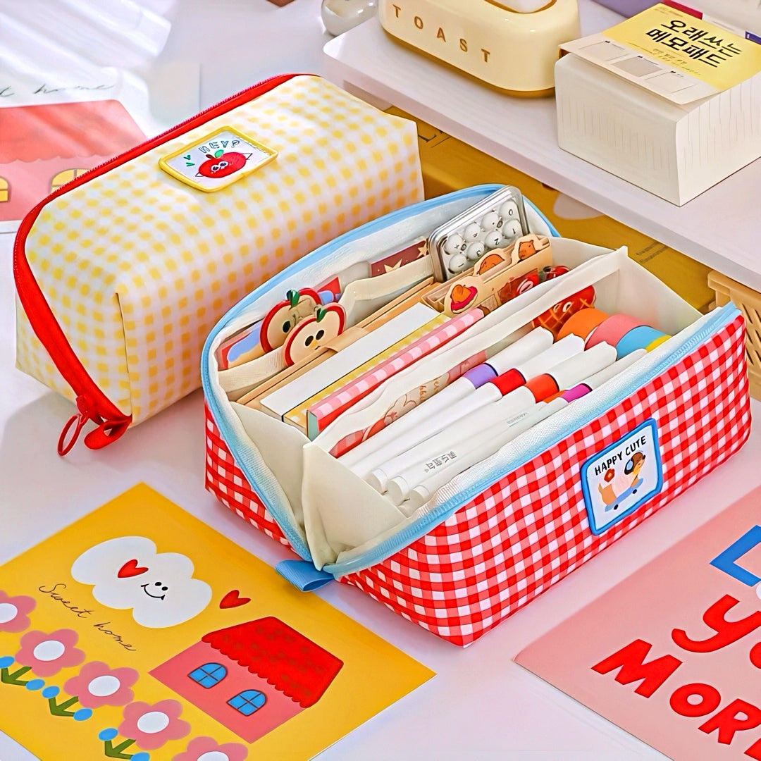 Extra Large Capacity Plaid Pencil Case