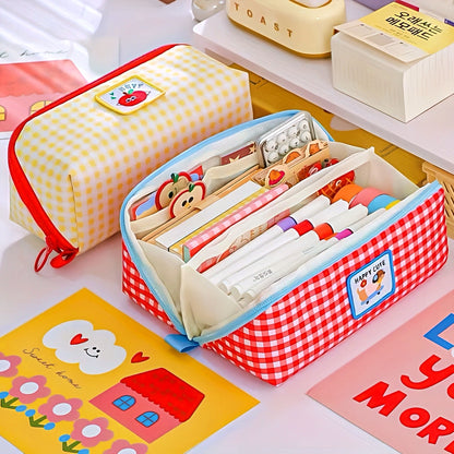 Extra Large Capacity Plaid Pencil Case