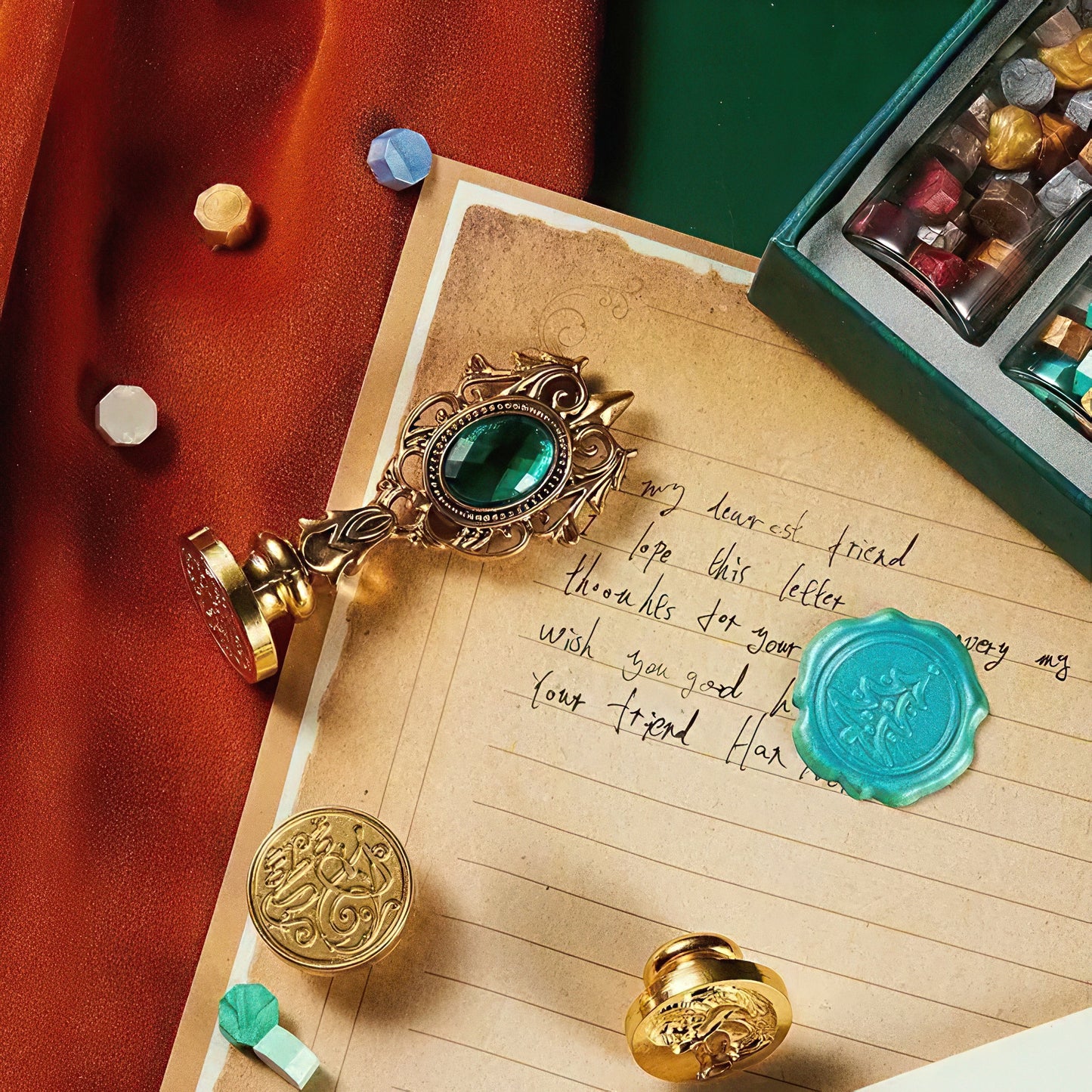 Decorative wax seals on a letter with a red fabric background