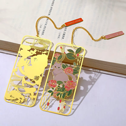 Cat and Flowers Themed Metal Bookmark