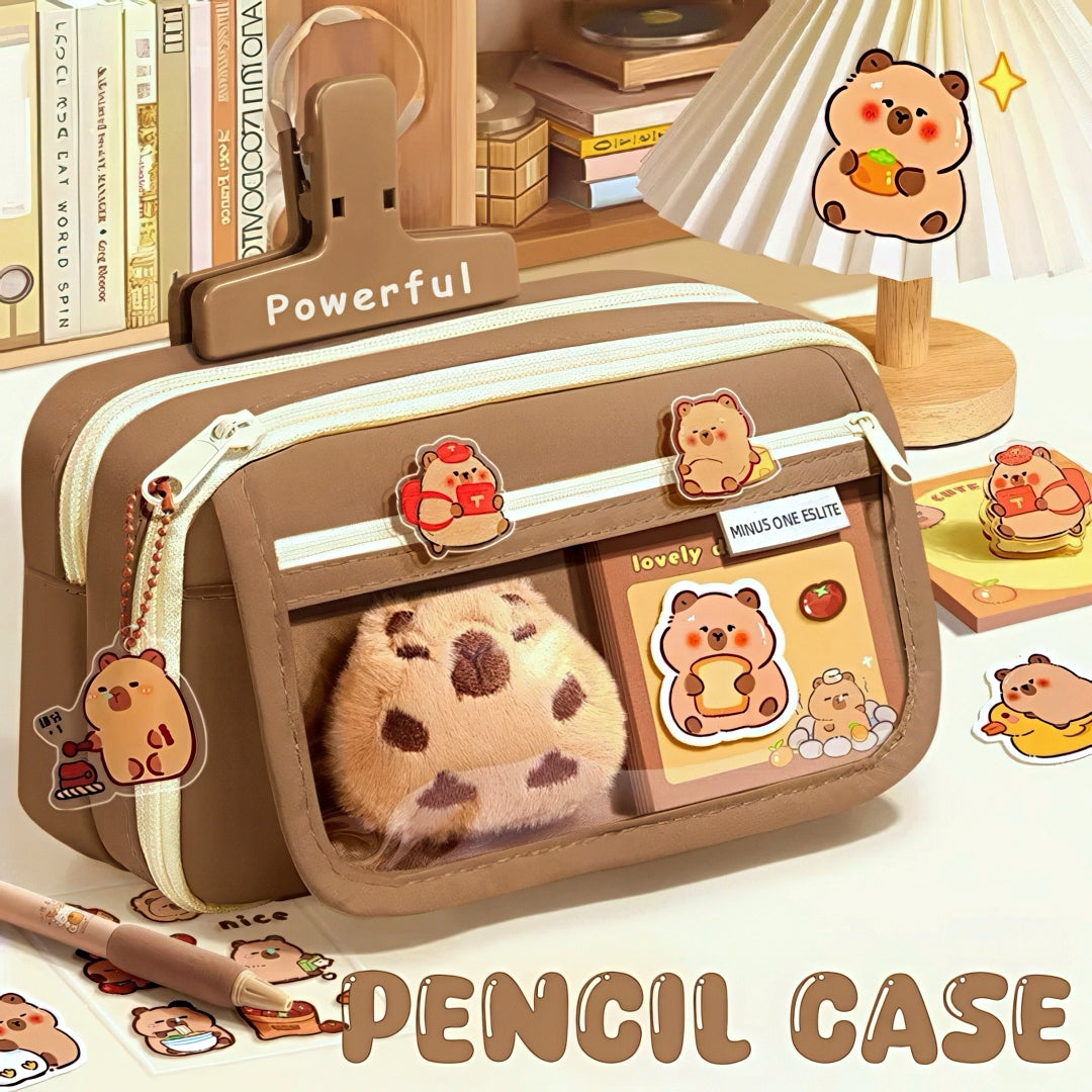 Large Capacity Pencil Case with Capybara Themed Accessories