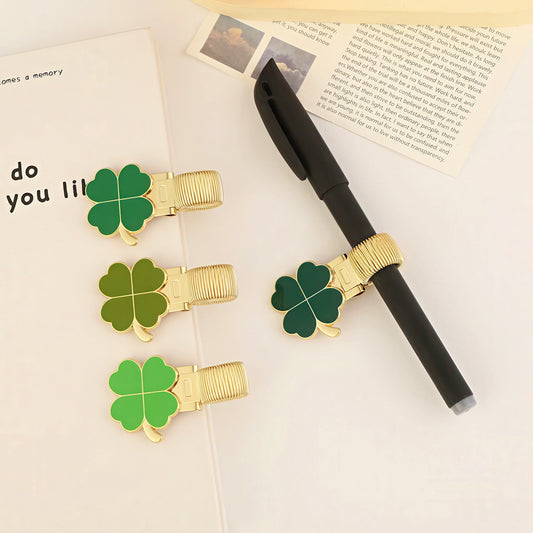 Four-leaf Clover Metal Pen Holder with Spring Clip