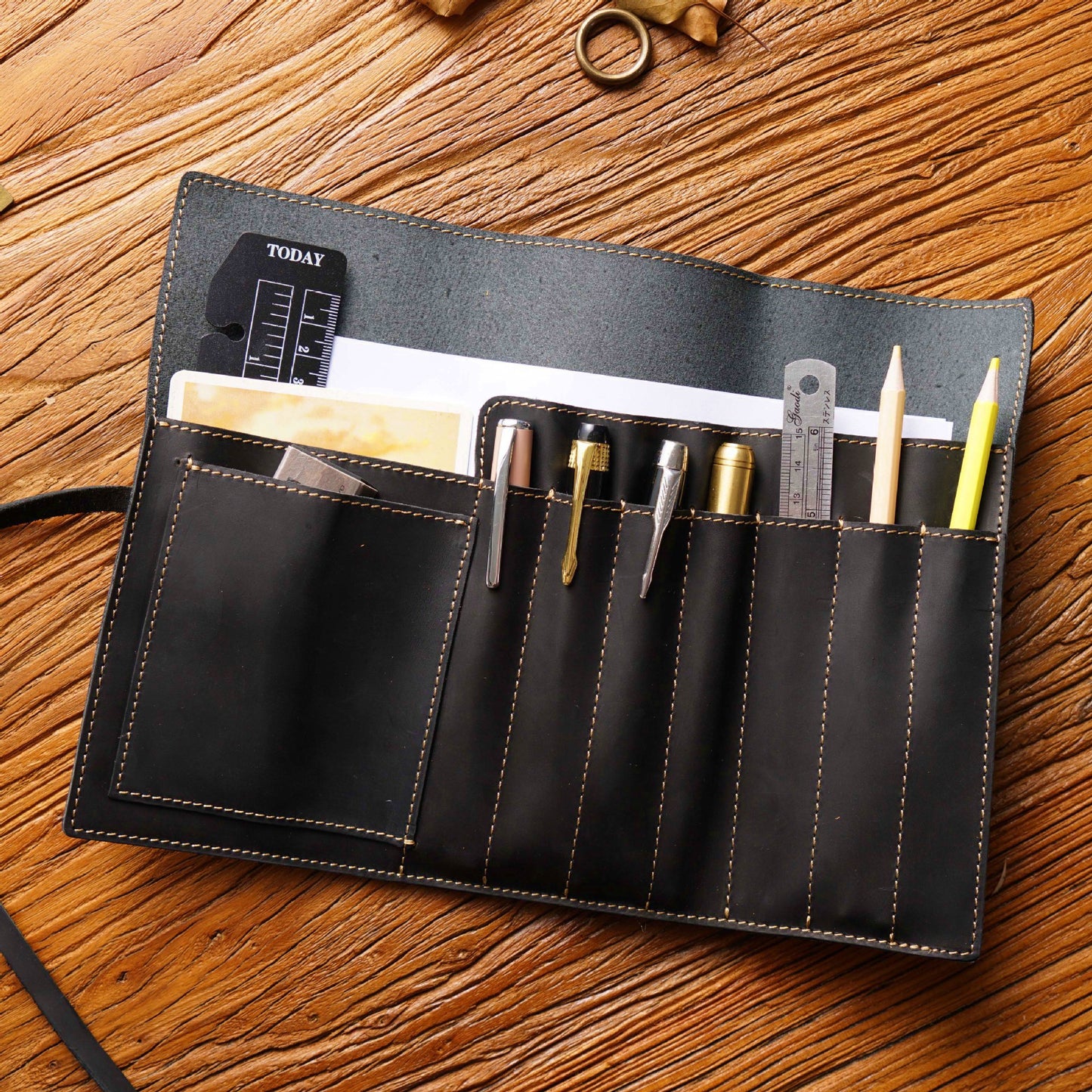 Retro Cowhide Multi Compartments Pencil Bag