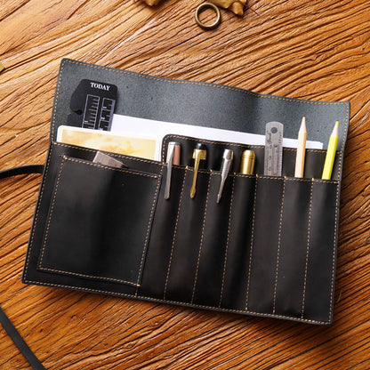 Retro Cowhide Multi Compartments Pencil Bag