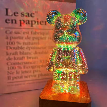 Colorful LED bear-shaped lamp on a wooden base with a blurred background