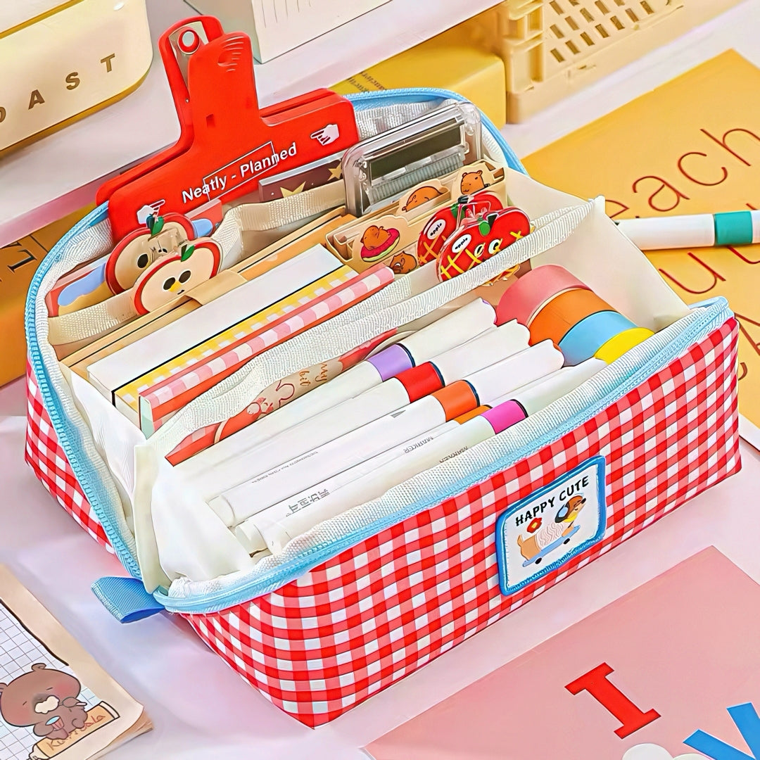 Extra Large Capacity Plaid Pencil Case