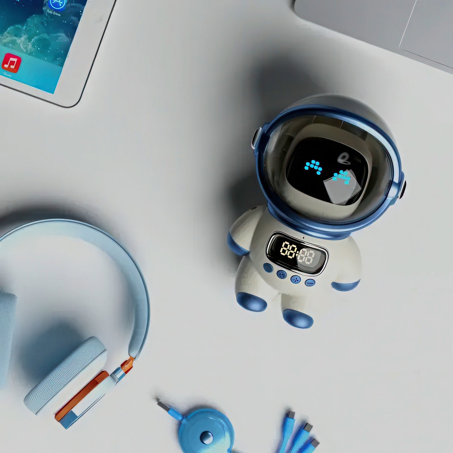 White robot with blue accents on a light gray surface, next to a tablet and headphones.