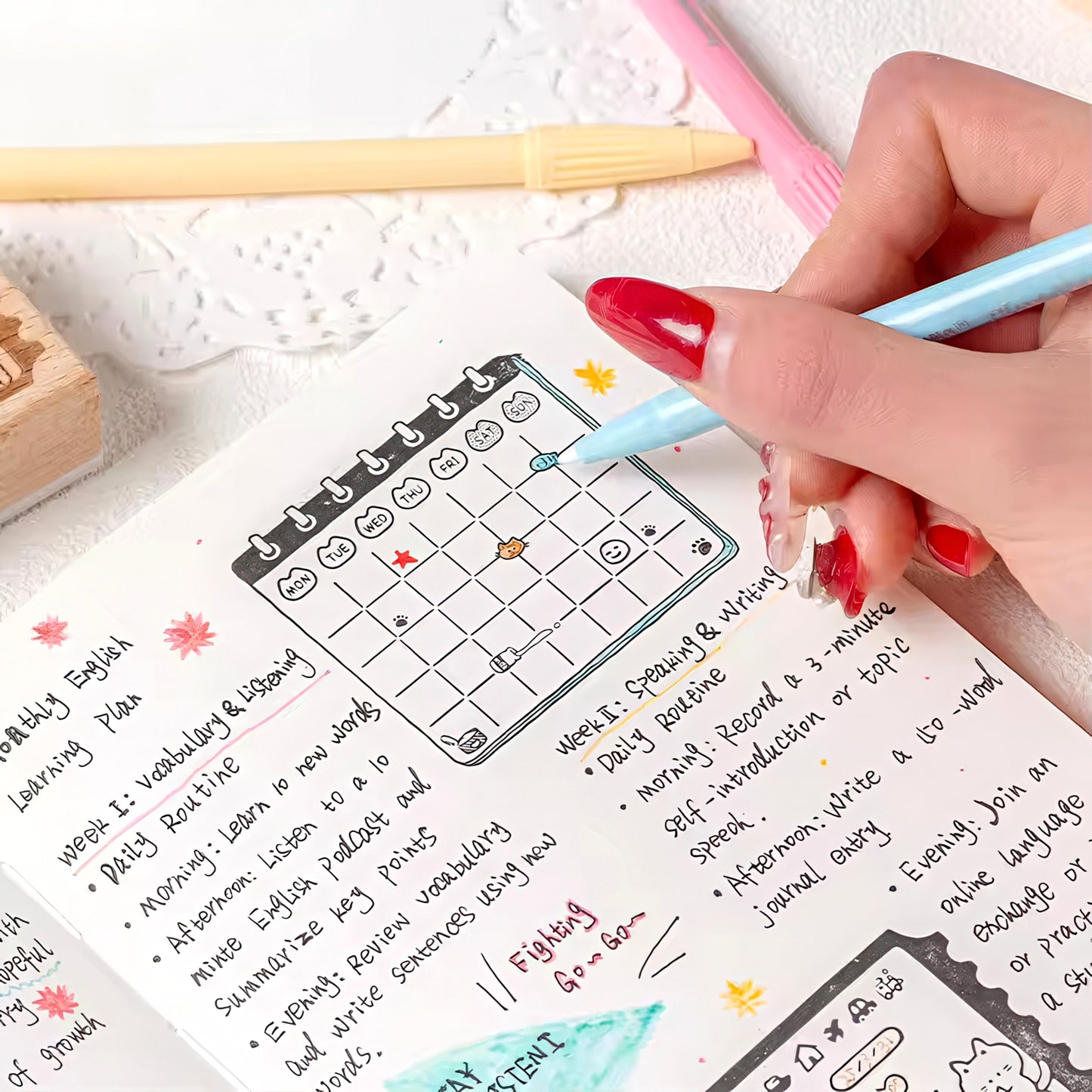 Cat Themed Wooden Planner Stamp Set