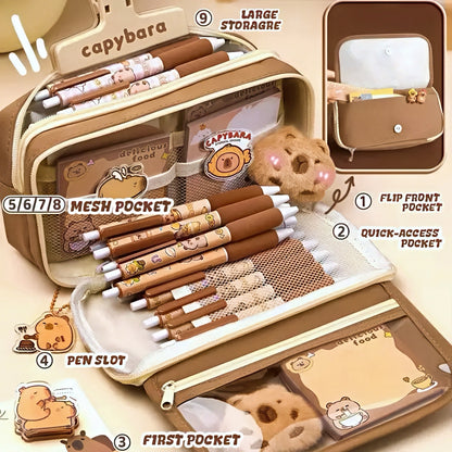 Large Capacity Pencil Case with Capybara Themed Accessories