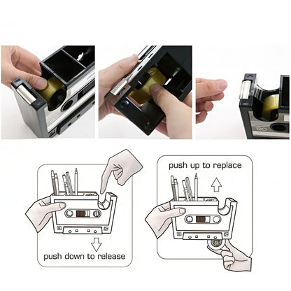 Retro Cassette Shaped Pen Holder with Tape Dispenser