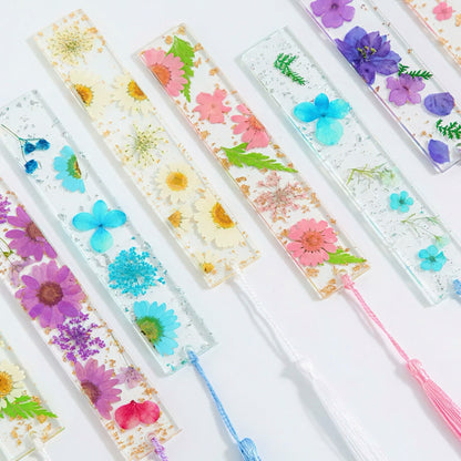 Transparent Acrylic Bookmark with Dried Flowers and Gold Flakes