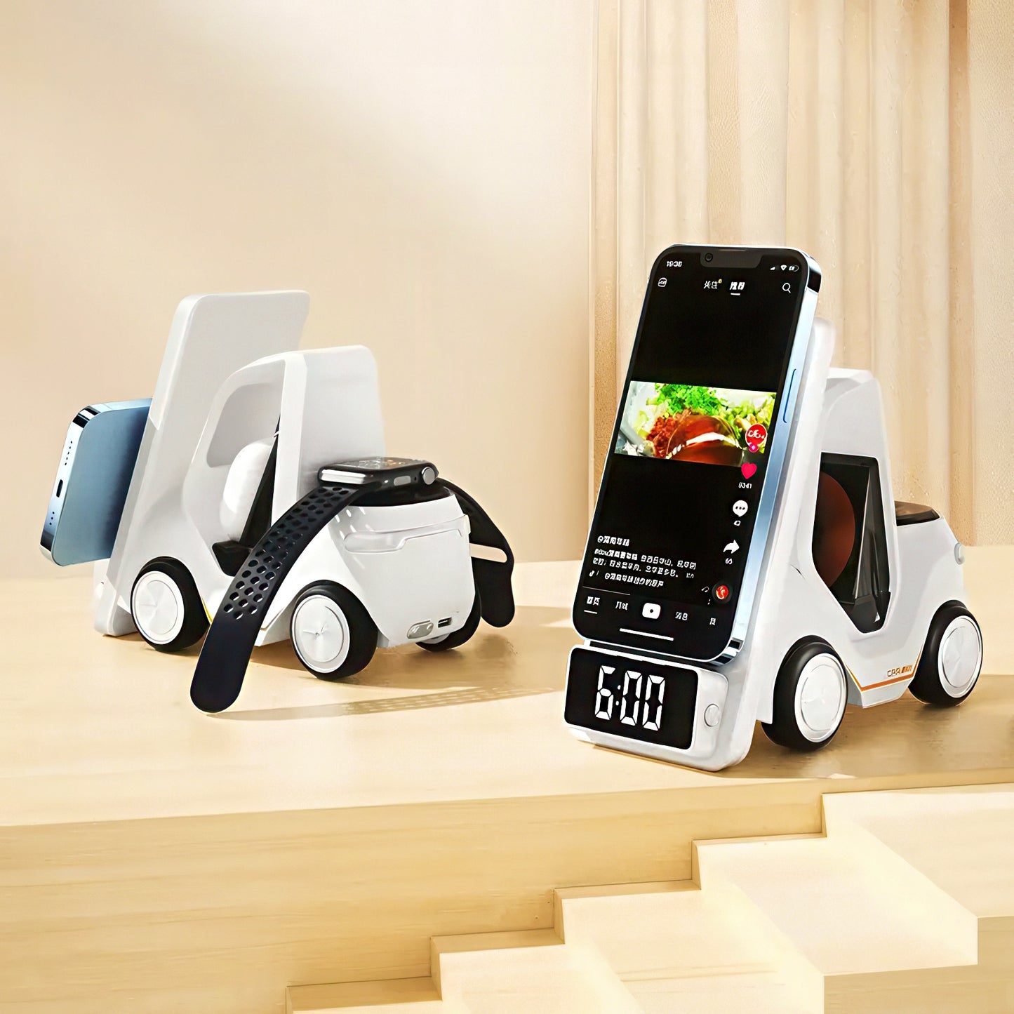 Multi-device charging stand with smartphone, smartwatch, and headphones on a wooden surface.