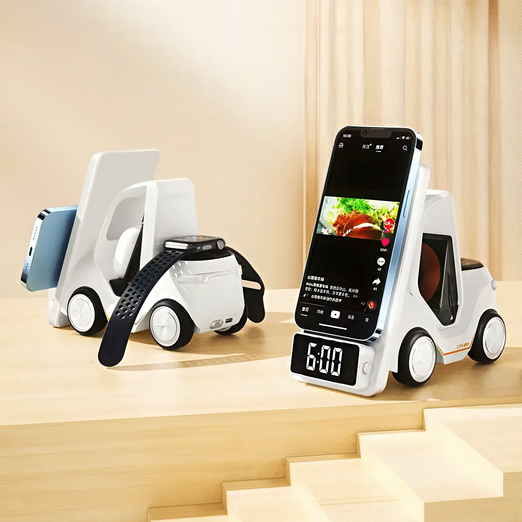 Multi-device charging stand with smartphone, smartwatch, and headphones on a wooden surface.