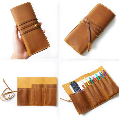 Retro Cowhide Multi Compartments Pencil Bag