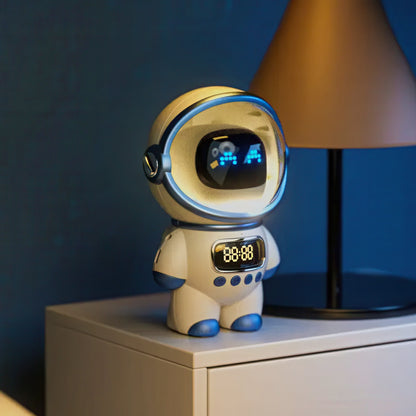 Robotic alarm clock with digital display on a nightstand